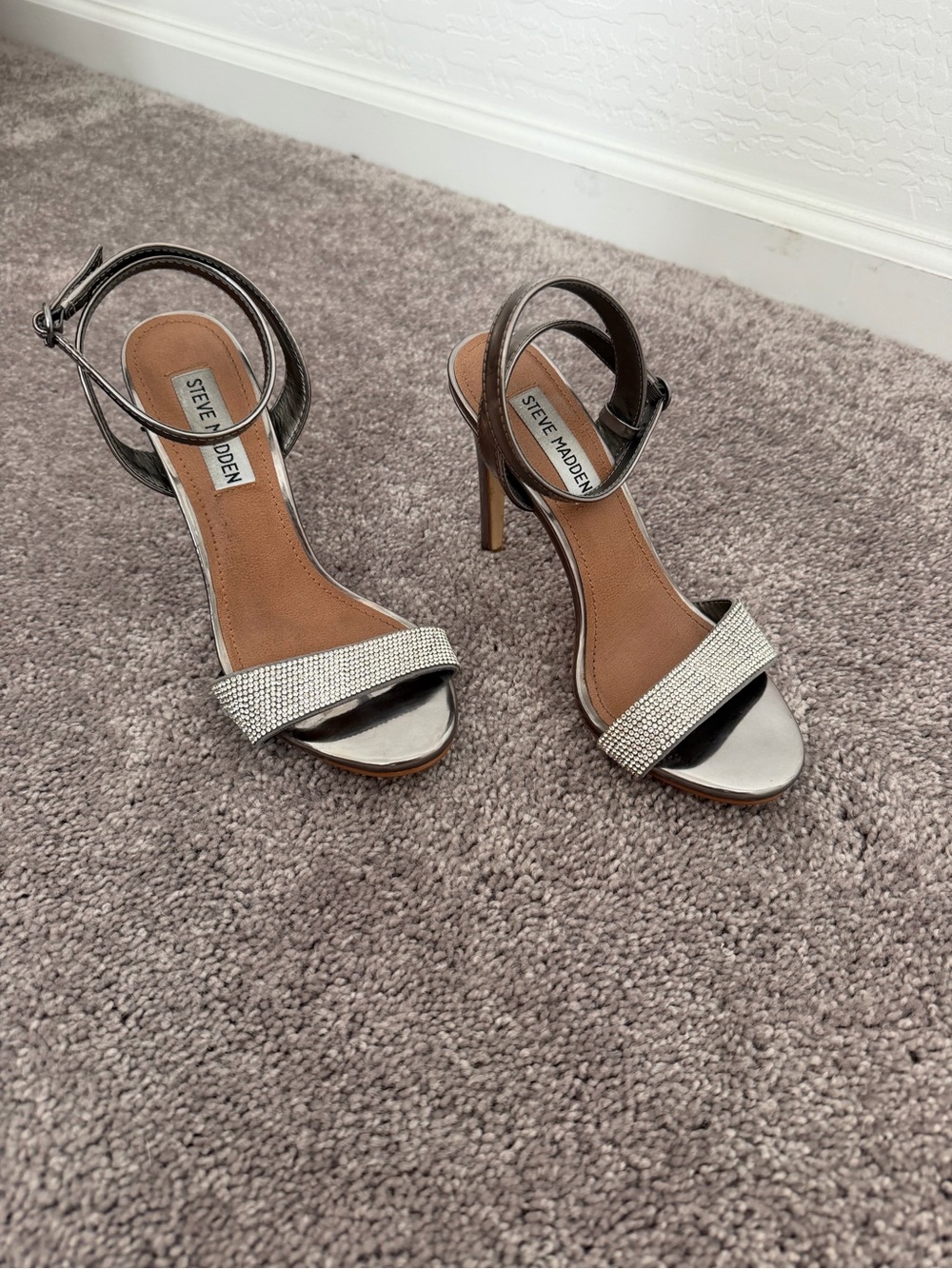 Steve Madden Metallic Silver Rhinestone Single-Band Ankle Strap Heels